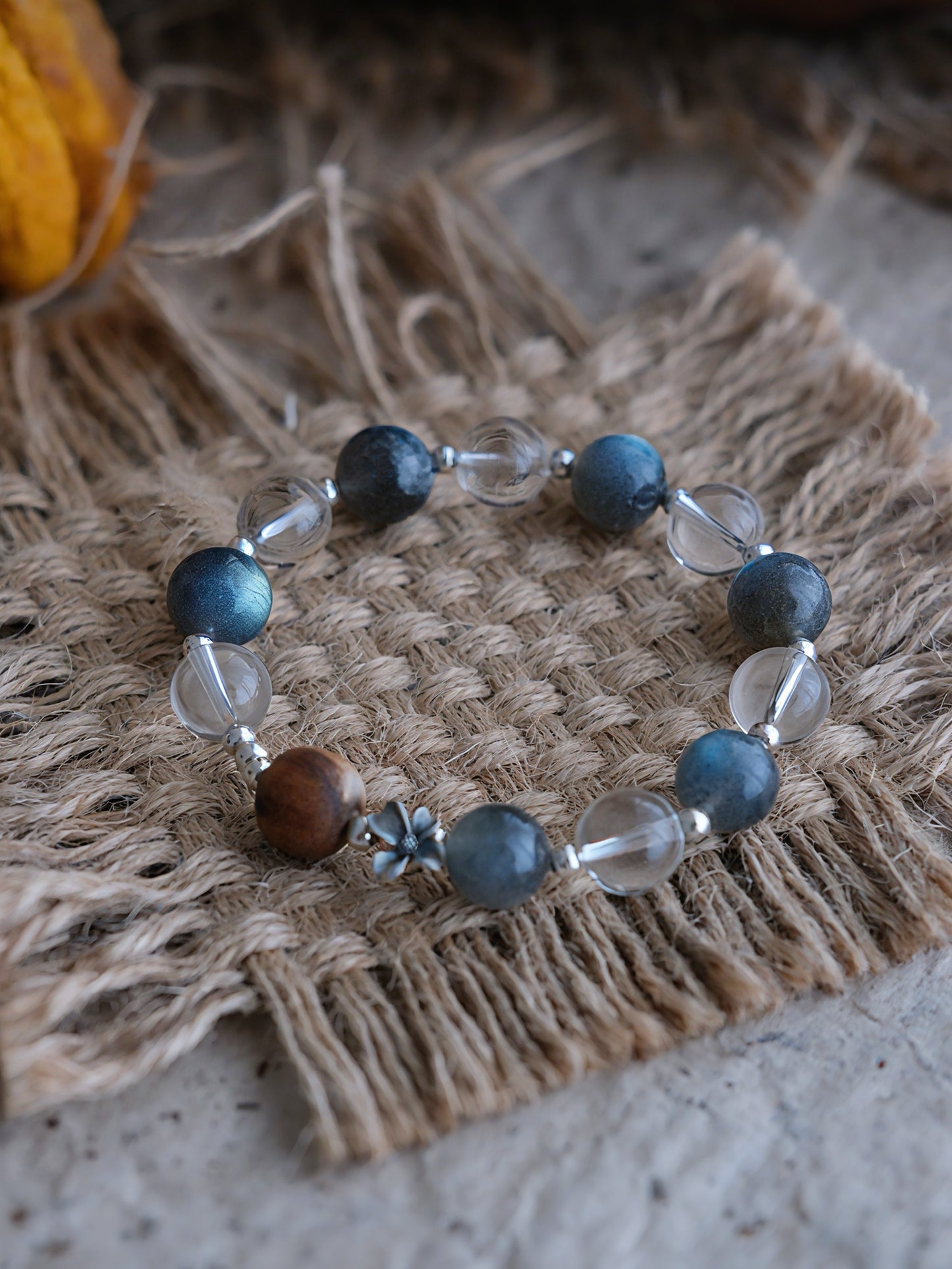 Smoke Blue & Natural Wood Bead Zen Bracelet