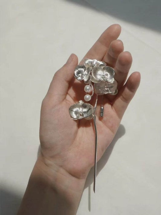 Silver Orchid & Pearl Long Brooch/Hairpin