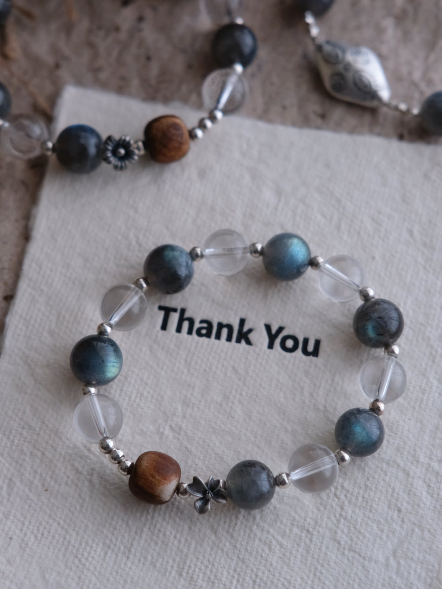 Smoke Blue & Natural Wood Bead Zen Bracelet