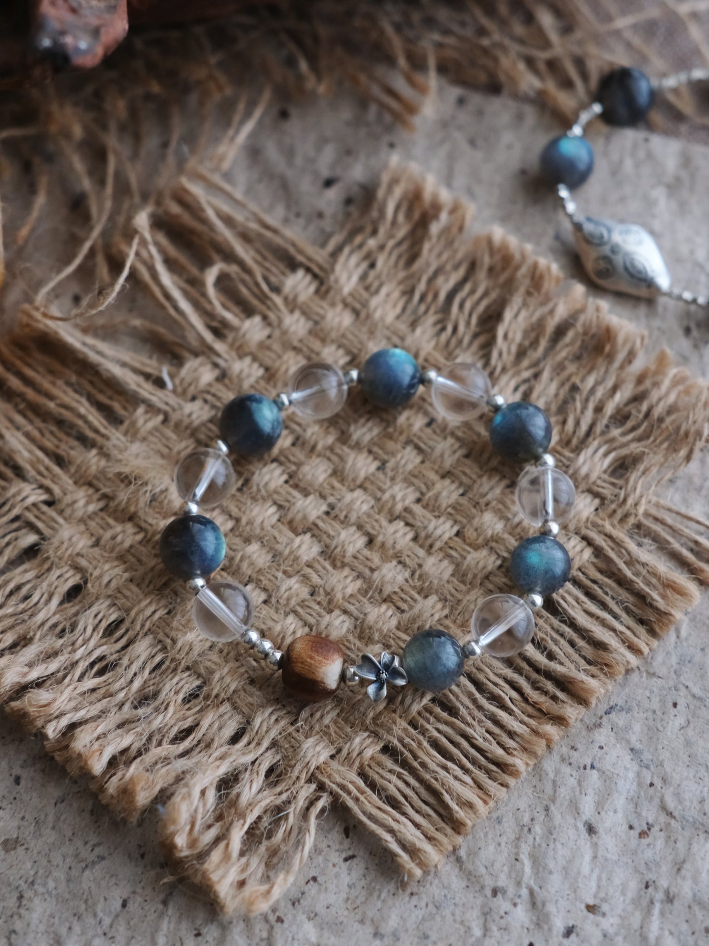 Smoke Blue & Natural Wood Bead Zen Bracelet