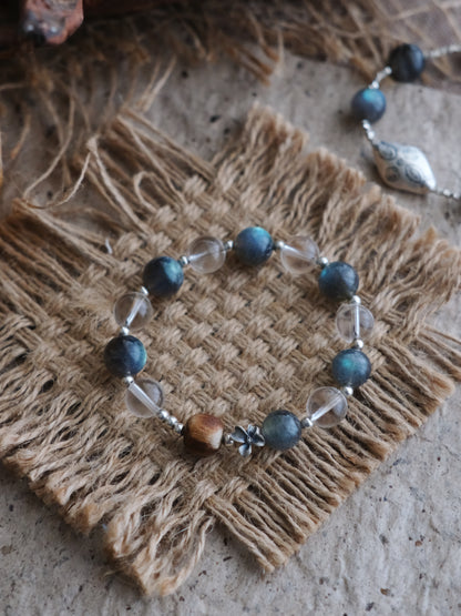 Smoke Blue & Natural Wood Bead Zen Bracelet