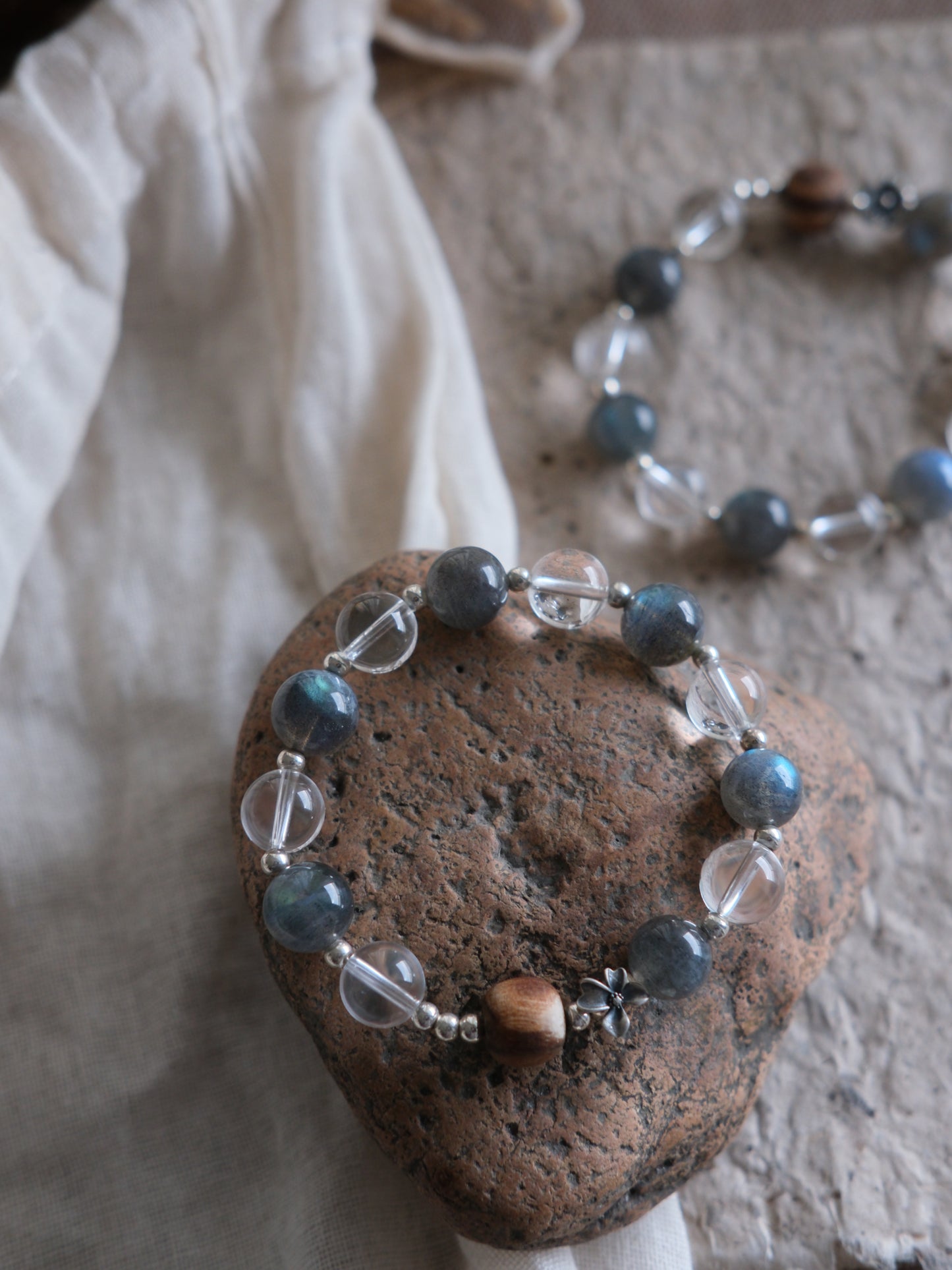 Smoke Blue & Natural Wood Bead Zen Bracelet