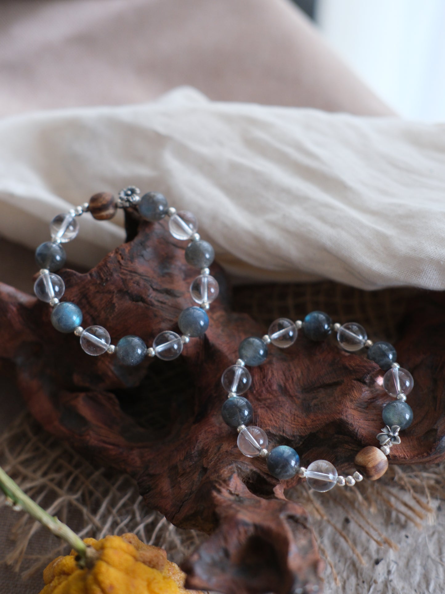 Smoke Blue & Natural Wood Bead Zen Bracelet