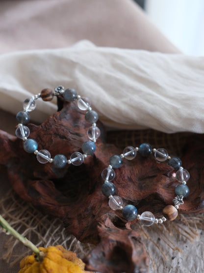Smoke Blue & Natural Wood Bead Zen Bracelet