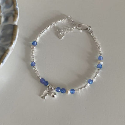 Silver Stream Wrist Chain with Aqua Fish Charm