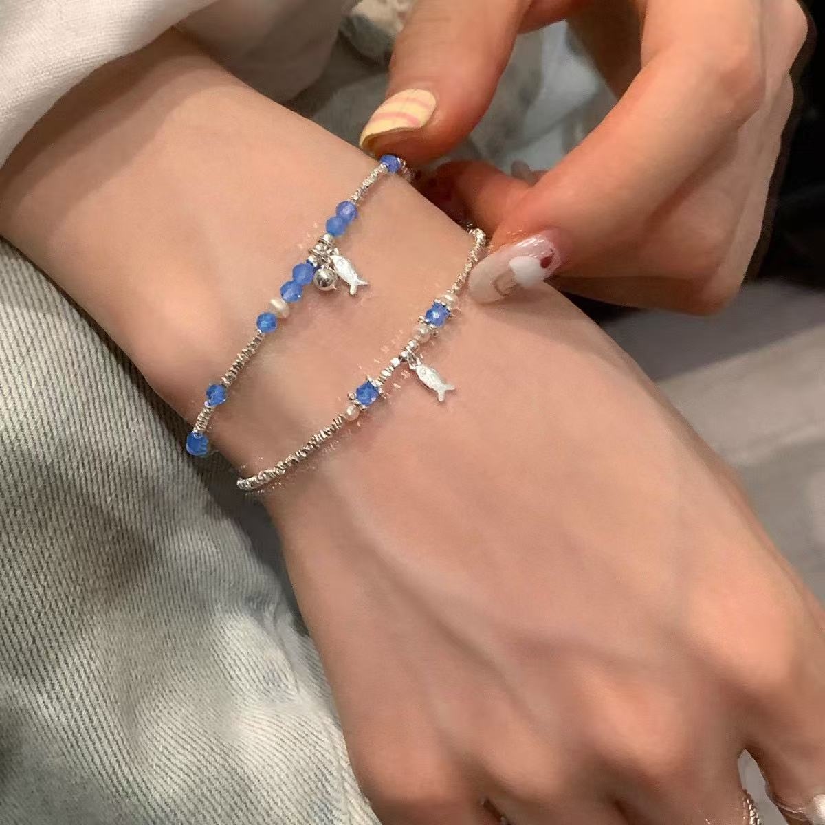 Silver Stream Wrist Chain with Aqua Fish Charm