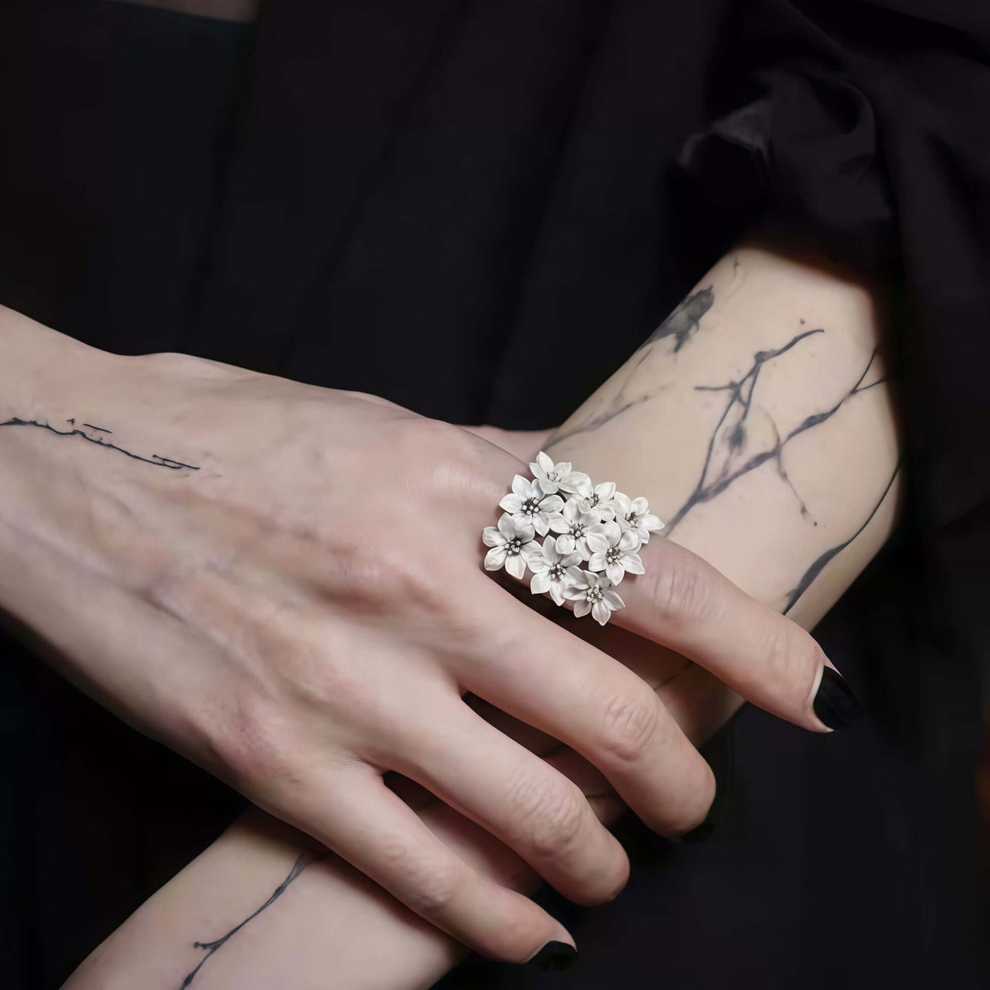 Silver Cluster Ring with Dark Bloom Cuff