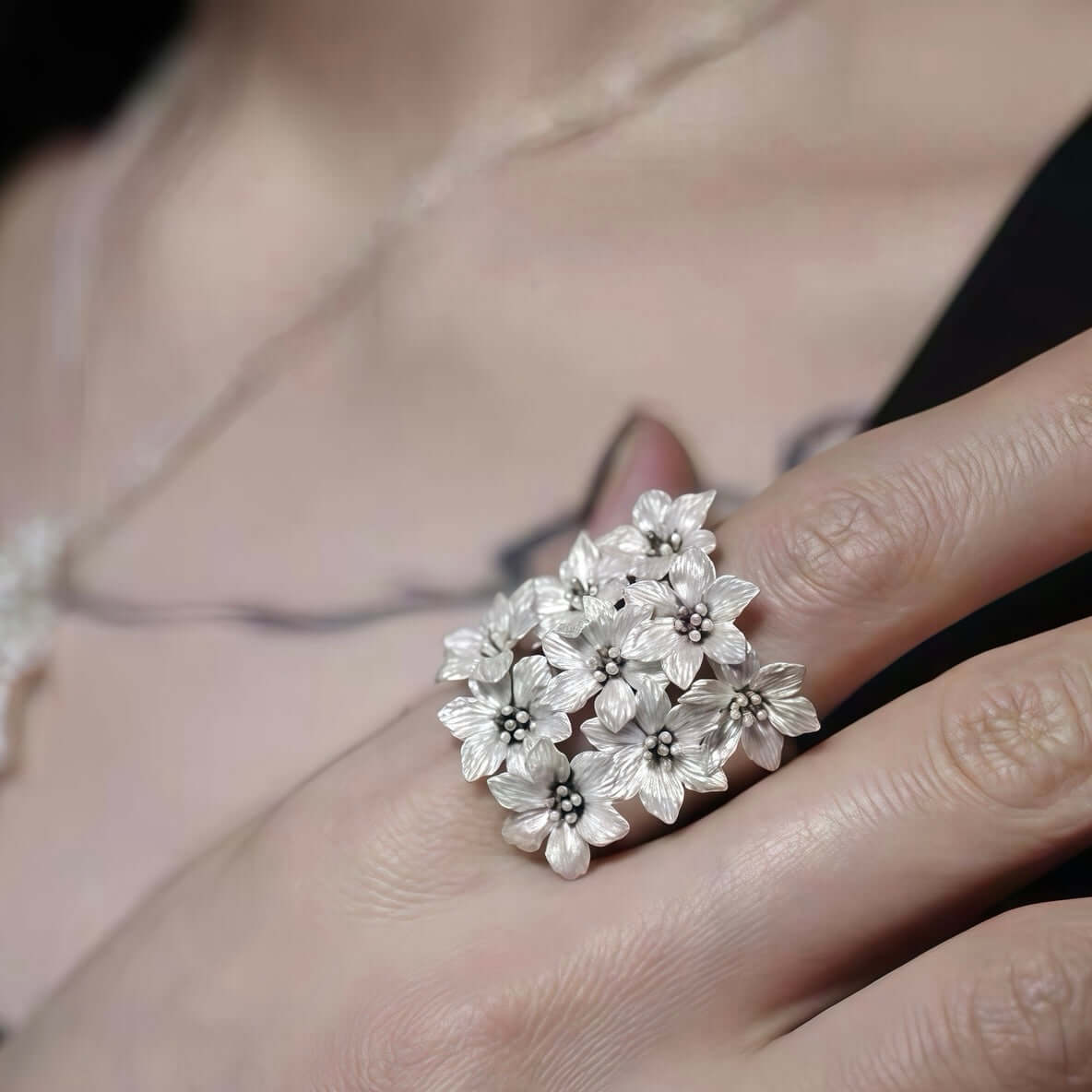 Silver Cluster Ring with Dark Bloom Cuff