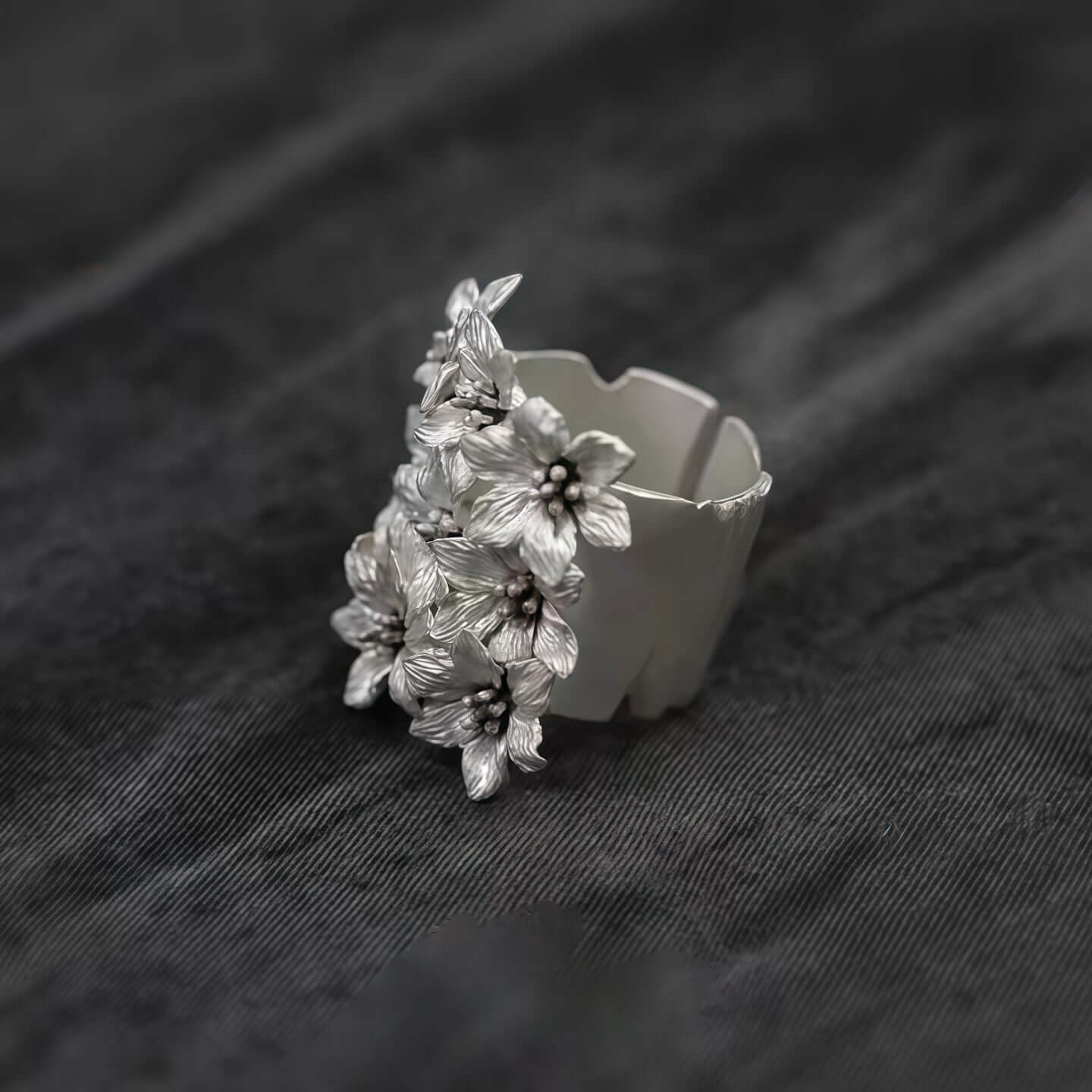 Silver Cluster Ring with Dark Bloom Cuff