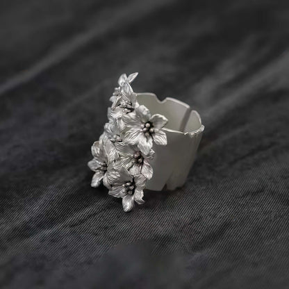 Silver Cluster Ring with Dark Bloom Cuff