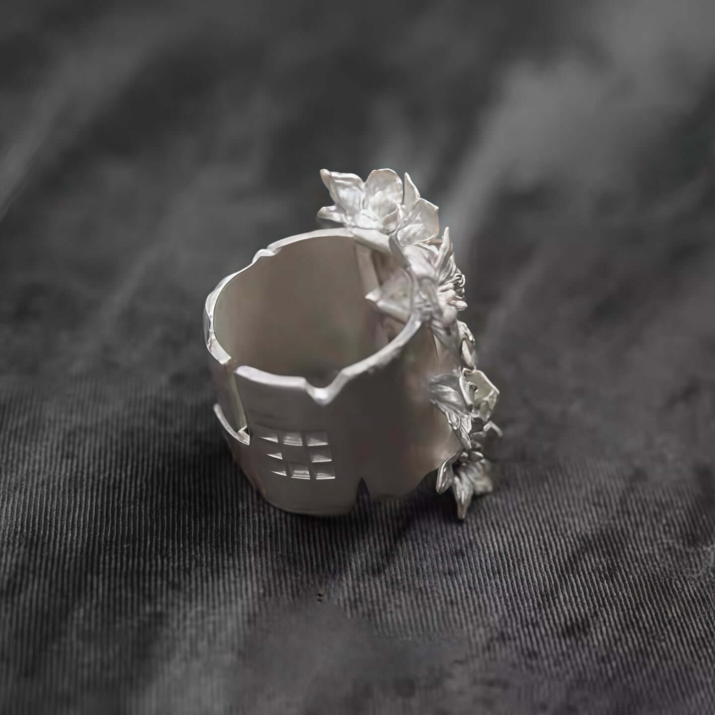 Silver Cluster Ring with Dark Bloom Cuff