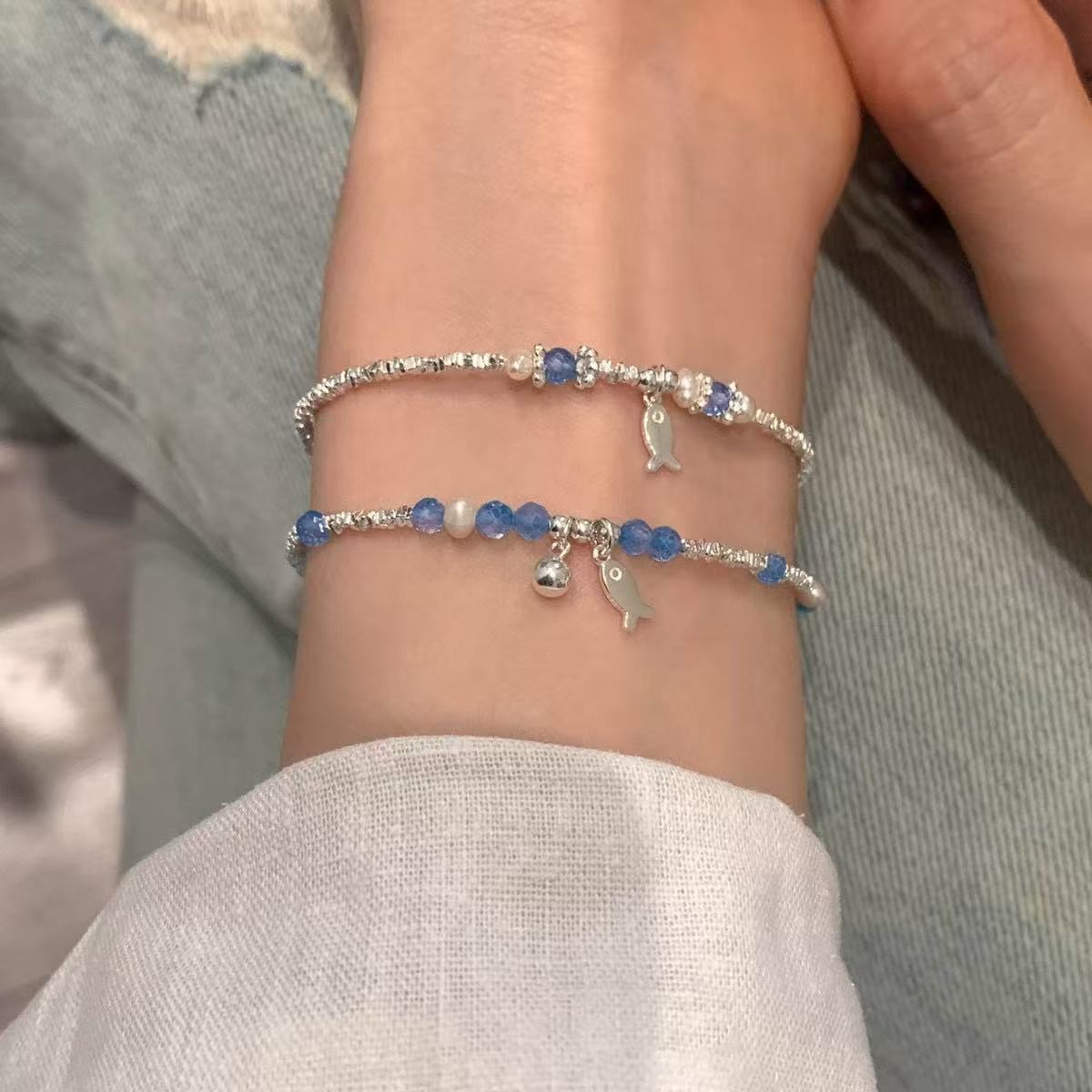 Silver Stream Wrist Chain with Aqua Fish Charm