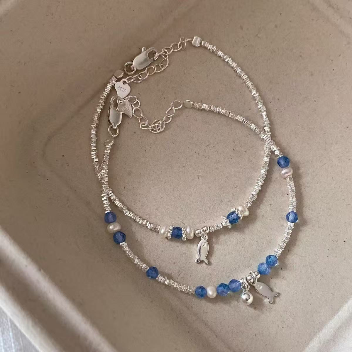 Silver Stream Wrist Chain with Aqua Fish Charm